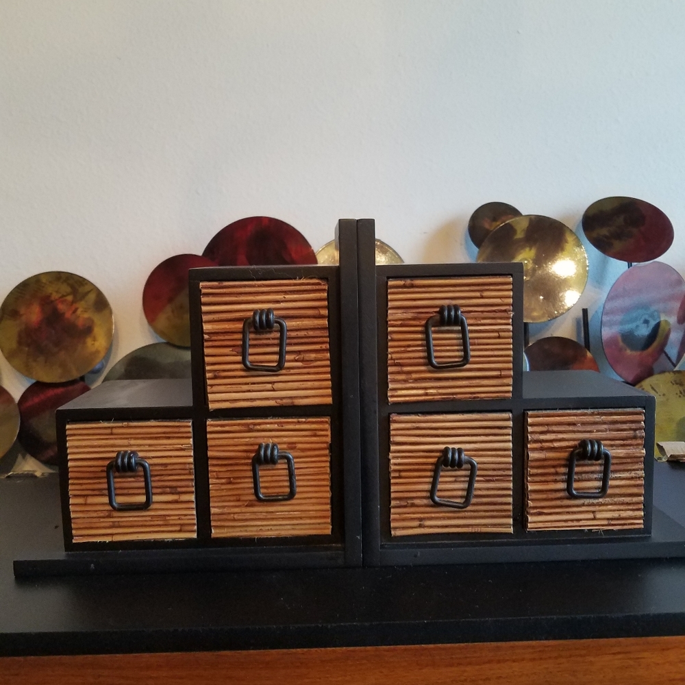 Vintage Wood with Bamboo Pullout Drawer Bookends